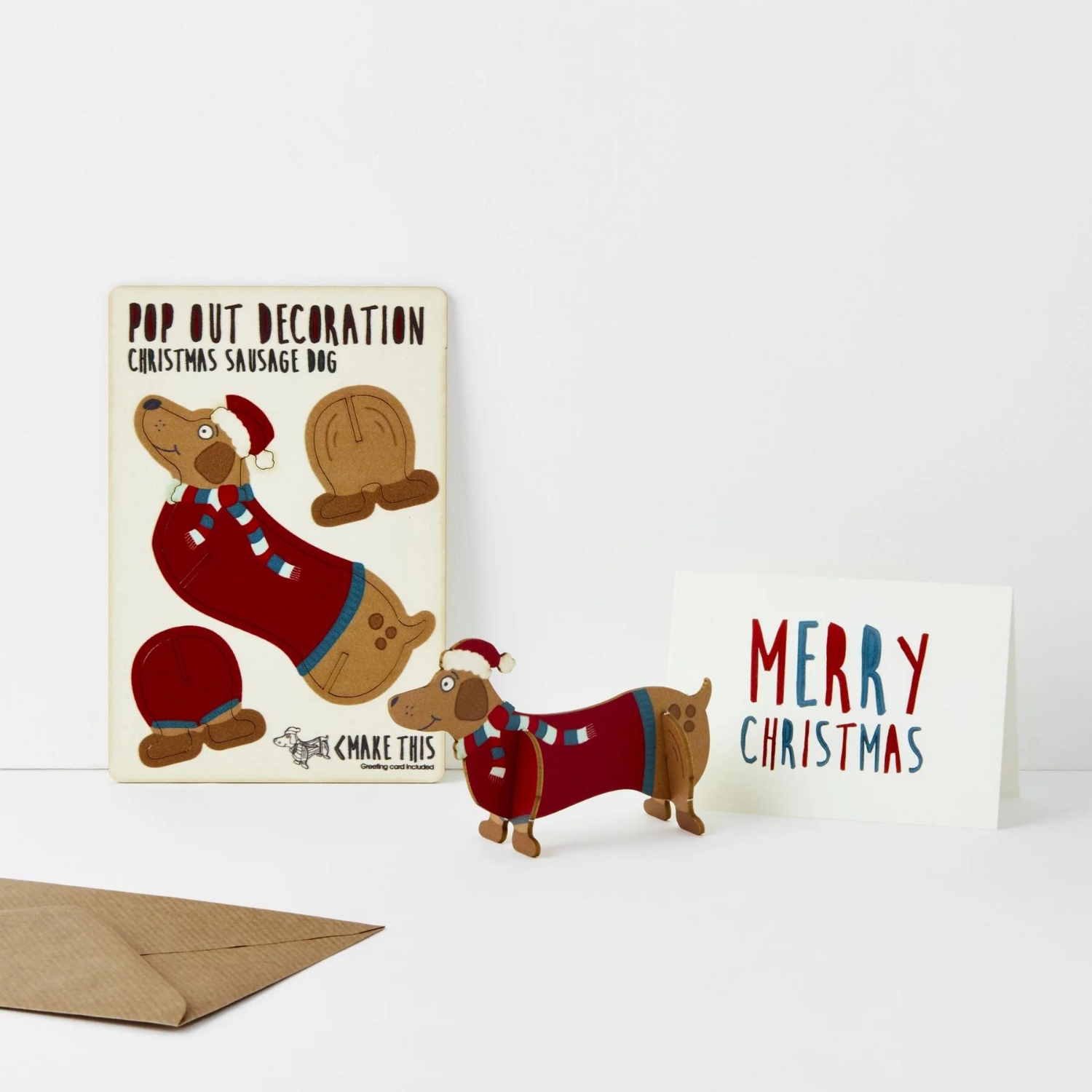 Greetings Card Pop Out Standing Christmas Sausage Dog