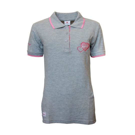 grey and pink polo shirt